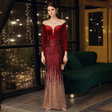 Elegant See Through Velour Evening Dress Women Long Sleeve Sequin Party Dress