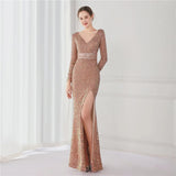 Elegant Long Sleeve Party Maxi Dress Sequin Evening Dress Women Sexy Slit Prom Dress