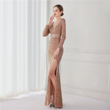 Elegant Long Sleeve Party Maxi Dress Sequin Evening Dress Women Sexy Slit Prom Dress