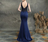 Navy Blue V-neck Appliques Beaded Long Evening Dress See through Elegant Evening Party Dress