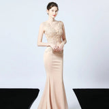 Green V-neck Appliques Beading Long Satin Evening Dress See-through Back Elegant Evening Party Dress