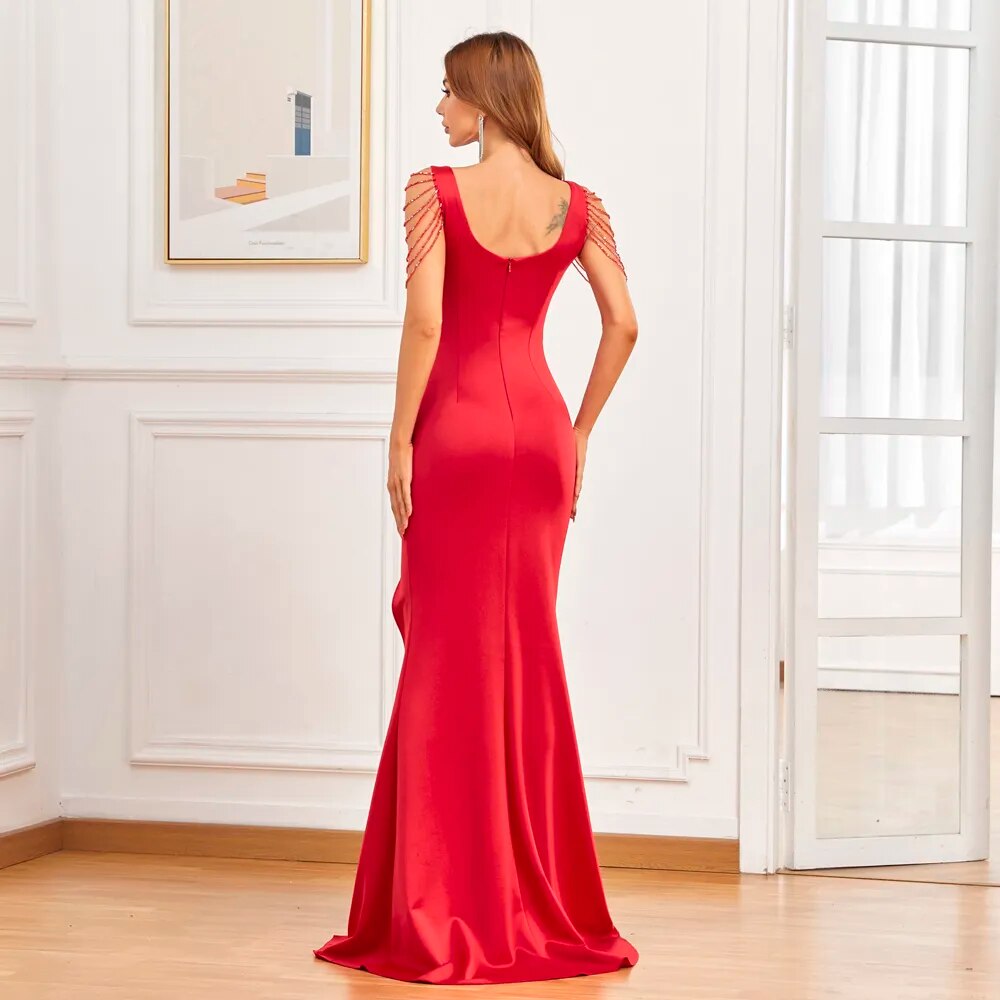 Soft Satin Red V Neck Beading Long Sexy Slit Evening Dress Women's Party Celebrity Maxi Dress