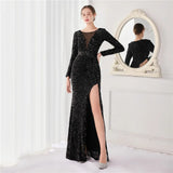 Elegant Green Sequin Evening Dress Long Sleeve Party Maxi Dress Women Sexy Slit Prom Dress