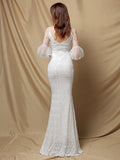 Women White Wedding Party Dress Elegant See through Half Sleeve Beads Sequin Evening Dress Long Prom Dress