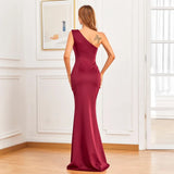 Elegant One Shoulder Burgundy Evening Women Soft Satin Crystal Party Maxi Long Prom Dress