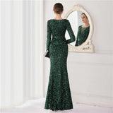 Elegant Green Sequin Evening Dress Long Sleeve Party Maxi Dress Women Sexy Slit Prom Dress