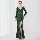 New Elegant Long Sleeve Party Maxi Dress Green Sequin Evening Dress Women Sexy Slit Prom Dress