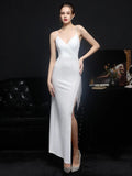 Women Sumer Sexy Strap Dress White Party Slit Prom Dress With Beads