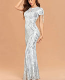 Elegant Short Sleeve Beaded Party Bodycon Maxi Dress Women White Silver Sequin Evening Dress