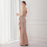 Elegant One Shoulder Gold Sequin Women Slit Evening Dress Party Maxi Dress Long Prom Dress