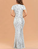 Elegant Short Sleeve Beaded Party Bodycon Maxi Dress Women White Silver Sequin Evening Dress