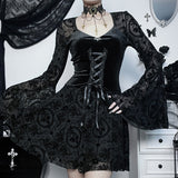 Flare Sleeves Lace Witchy Gothic 40s 50s Retro Vintage Lace Up Velvet Bodycon Goth Dress