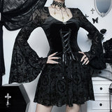 Flare Sleeves Lace Witchy Gothic 40s 50s Retro Vintage Lace Up Velvet Bodycon Goth Dress