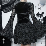 Flare Sleeves Lace Witchy Gothic 40s 50s Retro Vintage Lace Up Velvet Bodycon Goth Dress