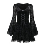 Flare Sleeves Lace Witchy Gothic 40s 50s Retro Vintage Lace Up Velvet Bodycon Goth Dress