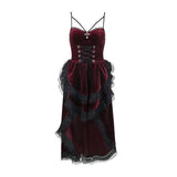 Autumn Velvet Party Vintage Women's Dress Hot Girl Dark Red Retro Costume Cosplay Sundress Sexy Y2k Mini Ruffle Dress