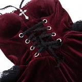 Autumn Velvet Party Vintage Women's Dress Hot Girl Dark Red Retro Costume Cosplay Sundress Sexy Y2k Mini Ruffle Dress