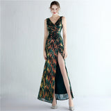 Sparkle Cocktail Dress Sexy Deep V-neck Backless Party Dress Sleeveless Long Prom Gown Sequins Side Fork Formal Dress