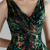 Sparkle Cocktail Dress Sexy Deep V-neck Backless Party Dress Sleeveless Long Prom Gown Sequins Side Fork Formal Dress