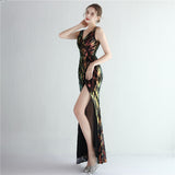 Sparkle Cocktail Dress Sexy Deep V-neck Backless Party Dress Sleeveless Long Prom Gown Sequins Side Fork Formal Dress