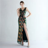 Sparkle Cocktail Dress Sexy Deep V-neck Backless Party Dress Sleeveless Long Prom Gown Sequins Side Fork Formal Dress