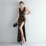 Sparkle Cocktail Dress Sexy Deep V-neck Backless Party Dress Sleeveless Long Prom Gown Sequins Side Fork Formal Dress