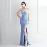 Backless Sexy Slit Long Sequin Party Evening Dresses Luxury V Neck Velvet Stretch Sleeveless Cocktail Prom Dress