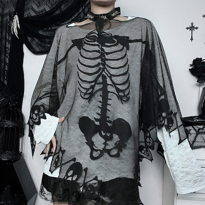 Skeleton Lace Poncho Skull Bones Halloween Cape Day of The Dead Costume for Women Goth Shawl Wrap Poncho for All Season
