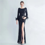 Stretch Feather Sequin Dress Full Sleeve Evening Night Long Party Maxi Dress