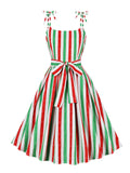 Green Red Striped Print Christmas Dress Women Knot Strap High Waist Bow Tie Belt 2024 Summer Pleated Vintage Dress