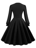 V-Neck Button Front High Waist Long Bishop Sleeve Women Elegant Autumn Clothes Green Solid Vintage Ladies Swing Dresses