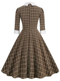 50s Hepburn Retro Vintage Casual Flare Dress with Bow Durn Down Collar Plaid Print Shirt 3/4 Long Sleeve Runway Midi Party Dress