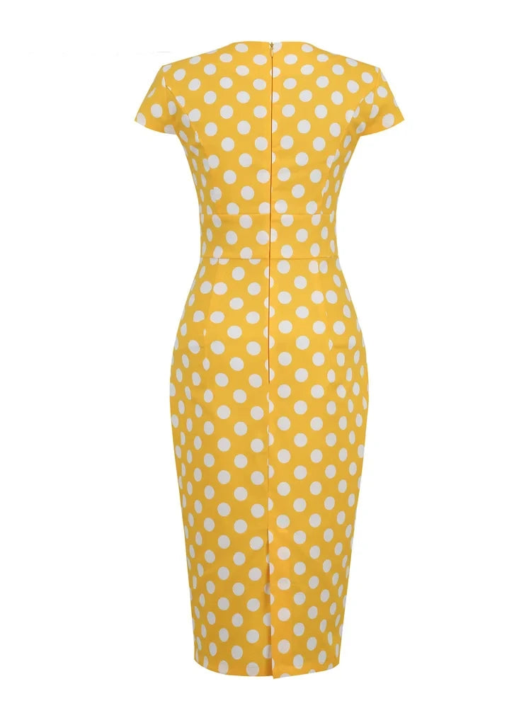 Polka Dot High Waist Elegant Bodycon Pencil Dresses for Women Cap Slee jetechband Polka Dot High Waist Elegant Bodycon Pencil Dresses for Women Cap Slee jetechband