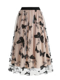 Elastic Waist Butterfly Embroidered Mesh Overlay Elegant Long Skirts for Women Vintage Midi Length Pleated Skirt