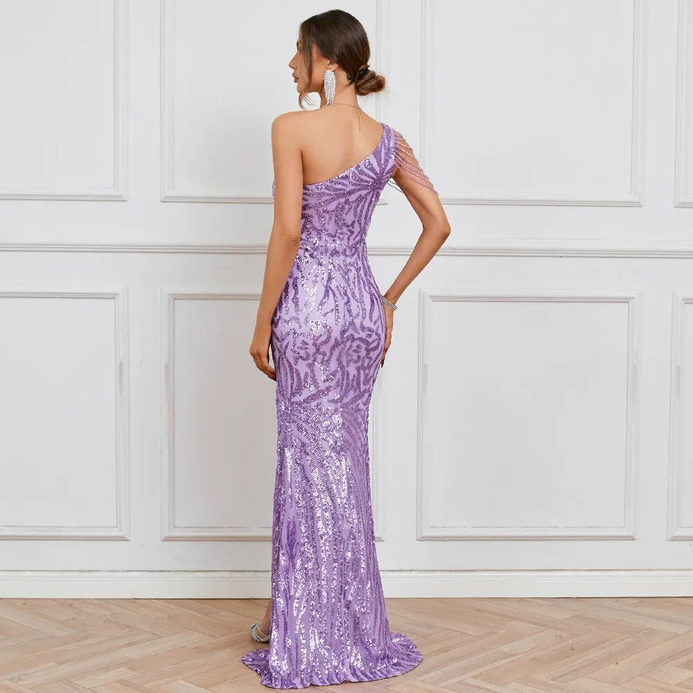 Elegant Slash Neck Sequin Evening Dress Women Beading Long Party Maxi Dress