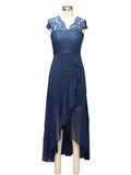 V-Neck Vintage Lace and Mesh Ruffles Long Dresses for Women Cap Sleeve Evening Party Elegant High Low Hem Maxi Dress