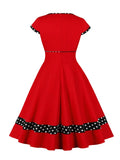 Tonval V-Neck High Waist Red Patchwork Polka Dot Rockabilly Dress for Women Cap Sleeve Knee-Length Cotton Dresses Vintage