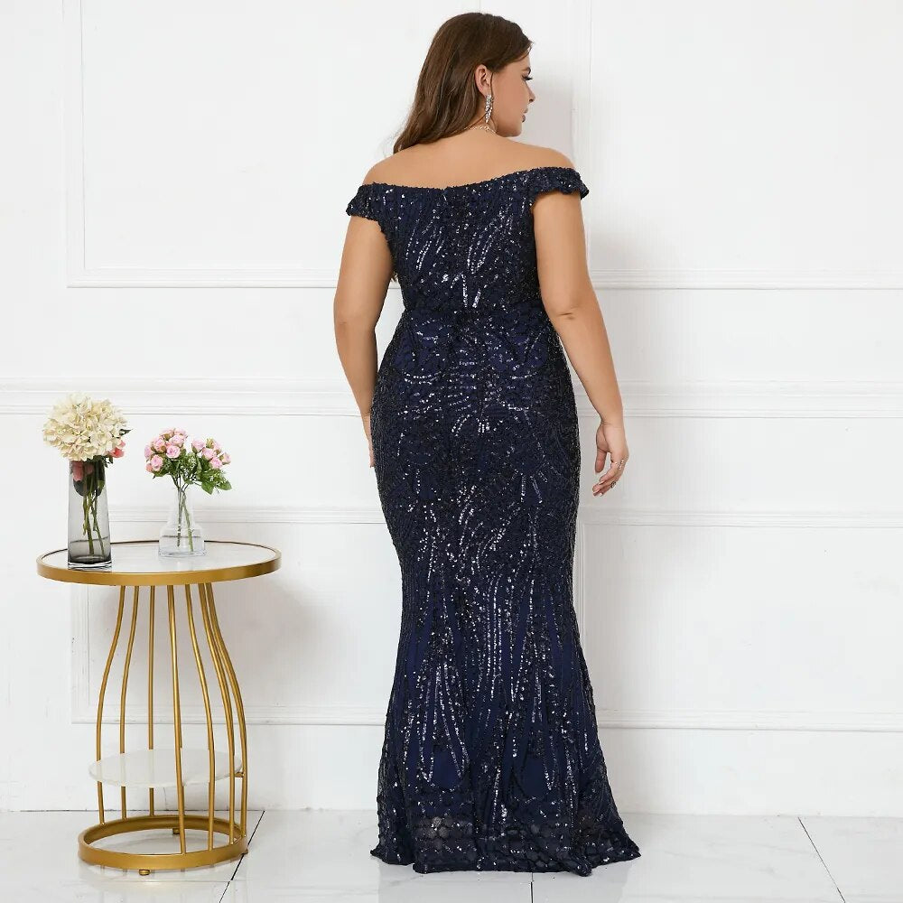 Plus Size Women Off Shoulder Navy Blue Sequin Evening Dress Elegant Boat Neck Party Maxi Dress Long Prom Dress