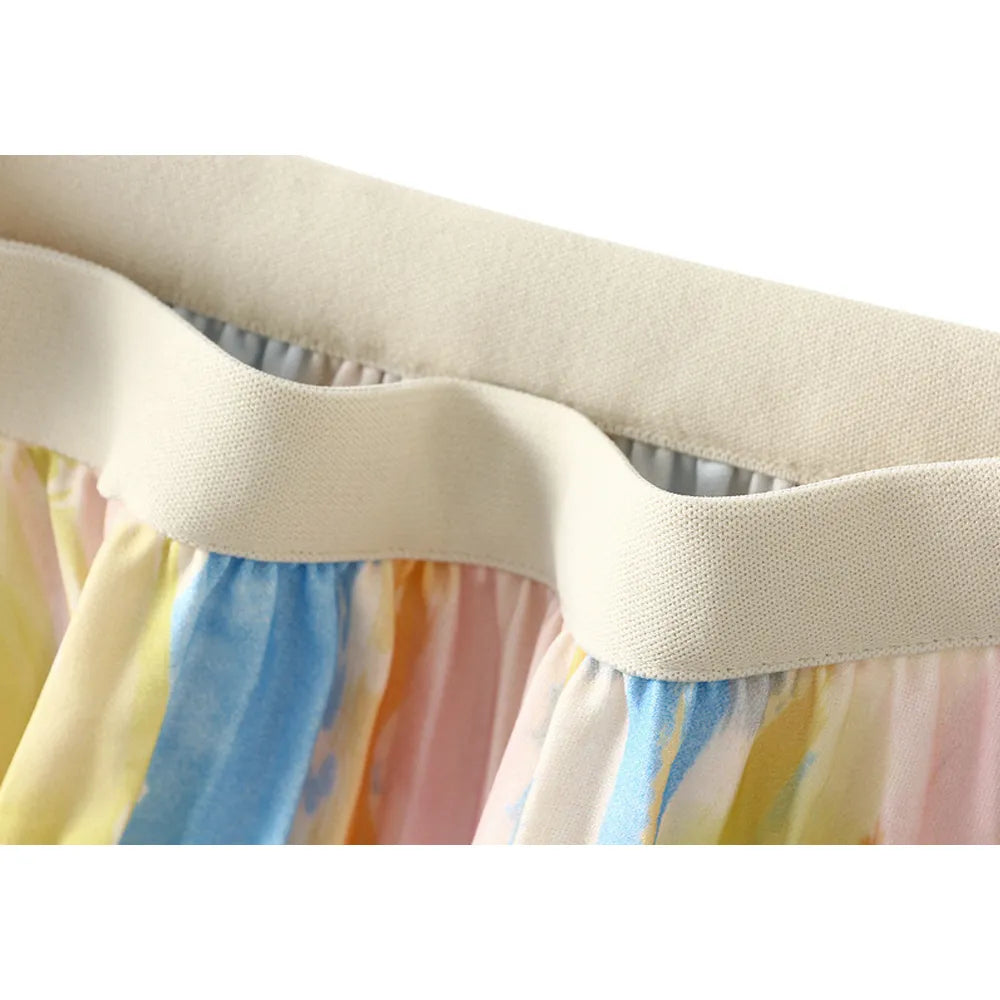 Multicoloured Print Pleated Skirt Women's Summer High-waisted Elastic A-line Midi Long Skirts
