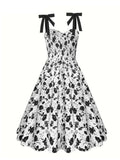 Sweetheart Neck Floral Print Pleated Midi Dresses for Women Knot Strap Shirred Back Summer Vacation Party Vintage Dress