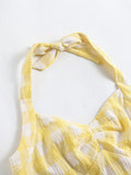 Vacation Women Summer Dress Sexy Backless Party Halter Neck Yellow Plaid 50s Vintage High Waist Ladies Swing Dresses
