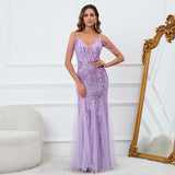 Women Purple Sequin Mesh Evening Dress Sexy Strap Beading Party Maxi Long Prom Dress