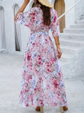 2024 Spring Summer Elegant Floral Print Long Party Dress High Split A Line Bohemian Evening Holiday Vintage Dresses for Women