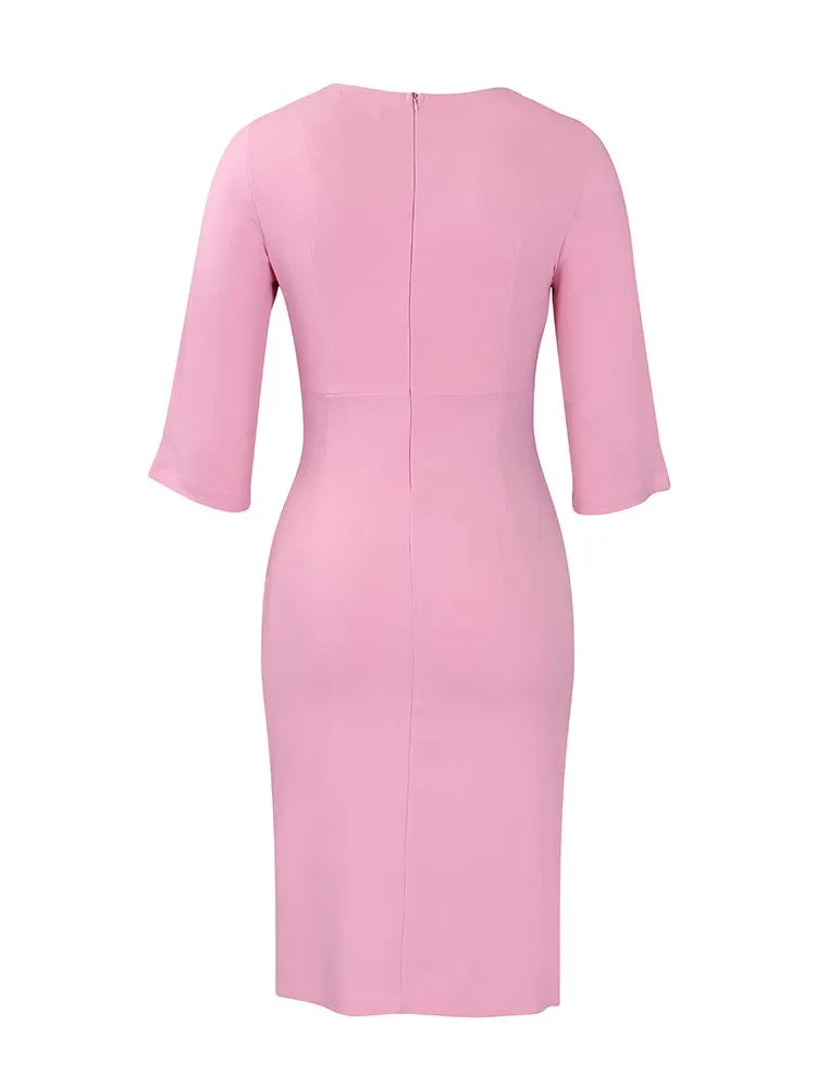pink pencil dress with sleeves Classy Chic Half Sleeve Midi Pencil Dress Formal sunifty
