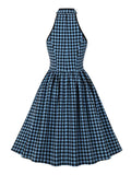 Pink and Black Plaid Sleeveless Pleated Rockabilly Dresses for Women Stand Collar Keyhole Knot Front Vintage Party Dress