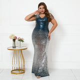 Plus Size Women Blue Red Sequin Beading Evening Dress Elegant V Neck Party Maxi Dress Long Prom Dress