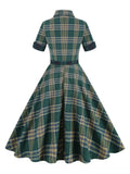 Green Plaid Vintage Autumn Winter Midi Dresses for Women Turn-Down Collar Button Up Rockabilly 50s Swing Dress