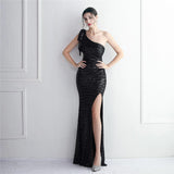 Women One Shoulder Slit Sequin Evening Dress Black Ruffles Celebrity Maxi Dress Sexy Slash Neck Long Party Dress