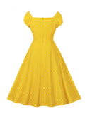 Sweetheart Neck Off Shoulder Party Elegant Women A-Line Vintage Dress Summer Clothes Cotton Polka Dot Dresses in Yellow