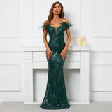 Women Feather Long Prom Dress Off Shoulder Green Sequin Evening Dress Sexy Party Maxi Dress